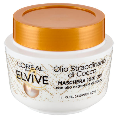 Elvive Olio Straordinario di Cocco Maschera 1001 Usi, per Capelli da Normali a Secchi, 300 ml (25526225)