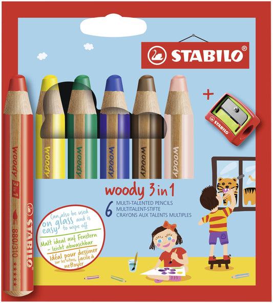 Matita colorata Multi-Funzione - STABILO woody 3 in 1 - Astuccio da 6 - con Temperino - Colori assortiti (25538893)
