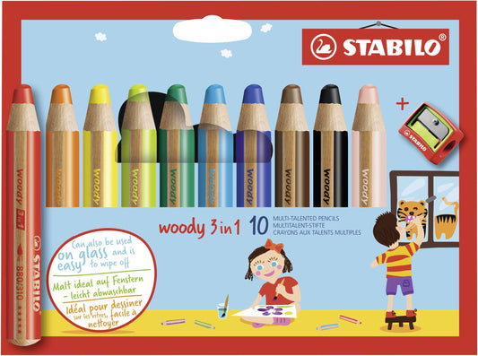 Matita colorata Multi-Funzione - STABILO woody 3 in 1 - Astuccio da 10 - con Temperino - Colori assortiti (25538279)