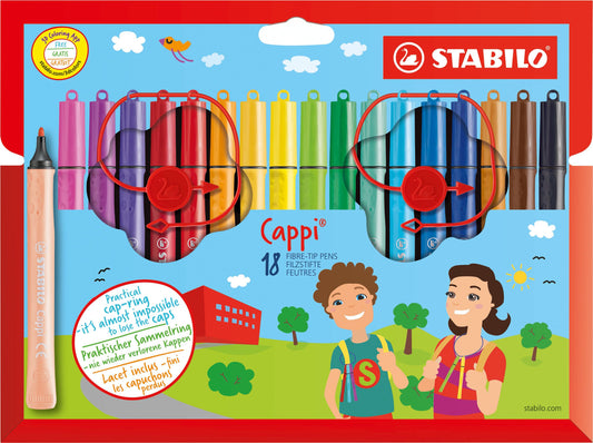 Pennarello con cordino porta cappuccio - STABILO Cappi - Astuccio da 18 - Colori assortiti (25572601)