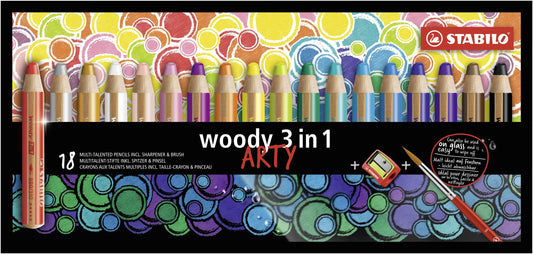 Matita colorata Multi-Funzione - STABILO woody 3 in 1 - ARTY - Astuccio da 18 - con Temperino e Pennello - Colori assortiti (25534838)