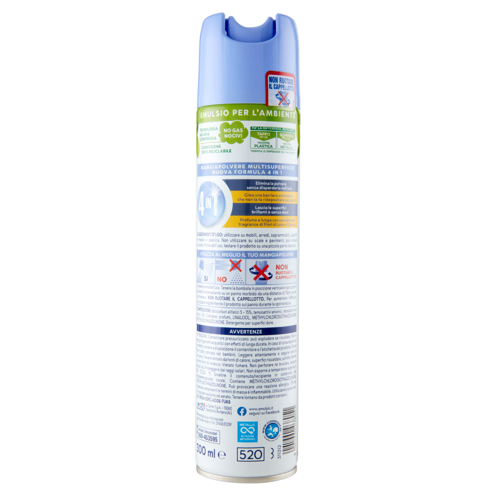 Emulsio - Emulsio Mangia Polvere: Antistatico 4 in 1, Fiori di Loto e Cotone - 300 ml (25526233)
